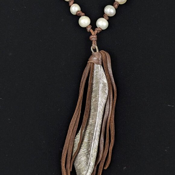 V. Freshwater Pearl & Leather Tassel Pendant Necklace - Picture 4 of 5